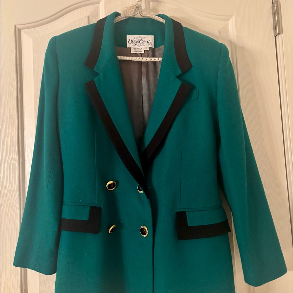 Vintage Oscar De La Renta Kelly Green Double-Breasted Blazer, outlined lapel/pkt